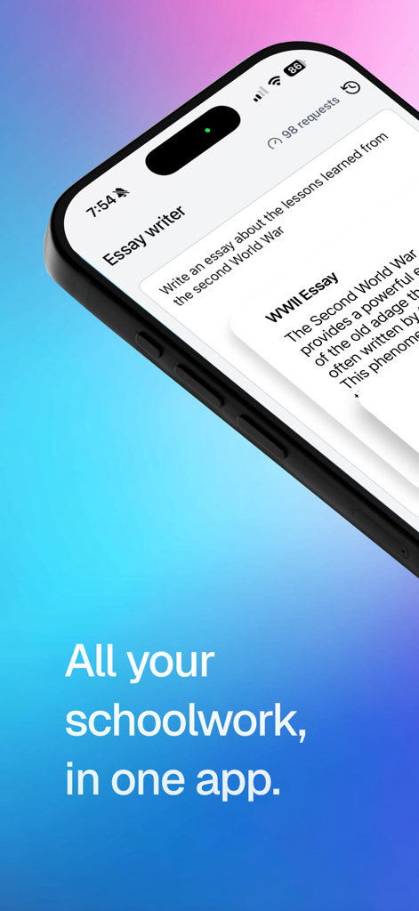Stealth AI - Study Companion - Stealth AIアプリが、テキストに「あなたのすべての学校の仕事が1つのアプリに」と表示されたiPhone画面上のエッセイ作成ツールを表示しています