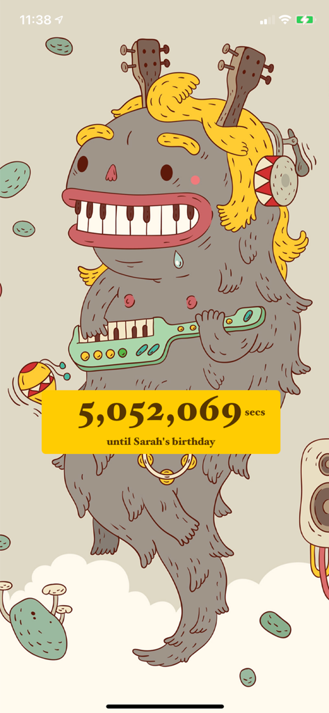 Birthday countdown app screen showing seconds remaining with a whimsical monster illustration.
