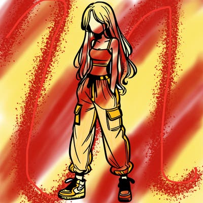 girl in baggy pants crop top and long hair