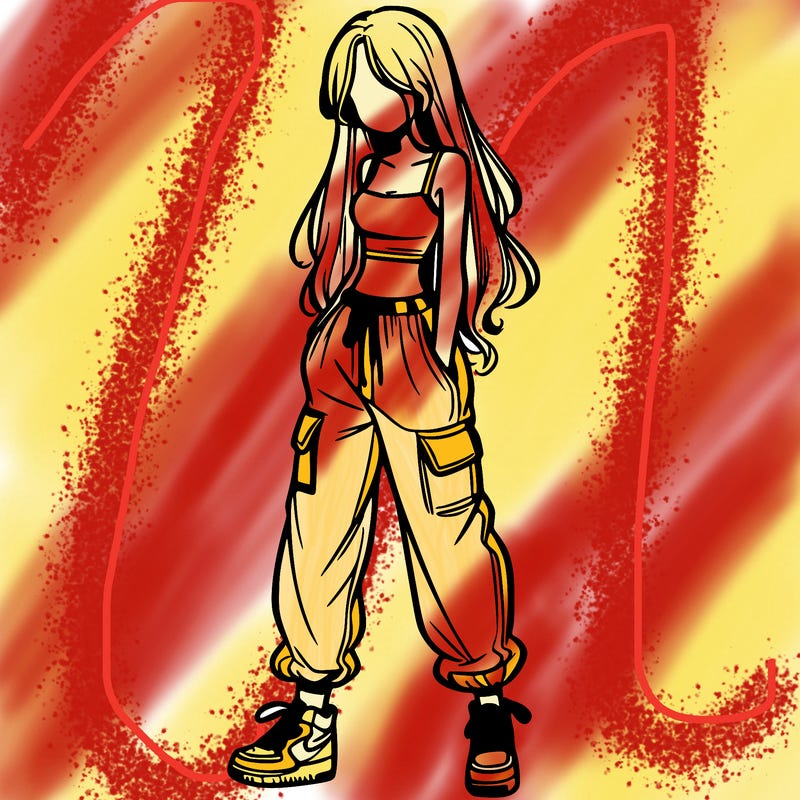 girl in baggy pants crop top and long hair