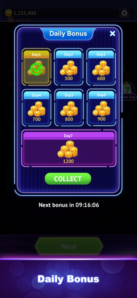 Daily bonus screen in Scratch Ace showing a seven day reward calendar with gold coins