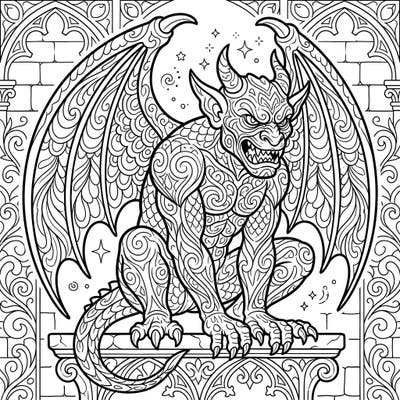 Explore the mysterious world of gothic architecture with this incredibly detailed gargoyle coloring page. Featuring elaborate patterns and a formidable pose, it promises a truly captivating artistic challenge.