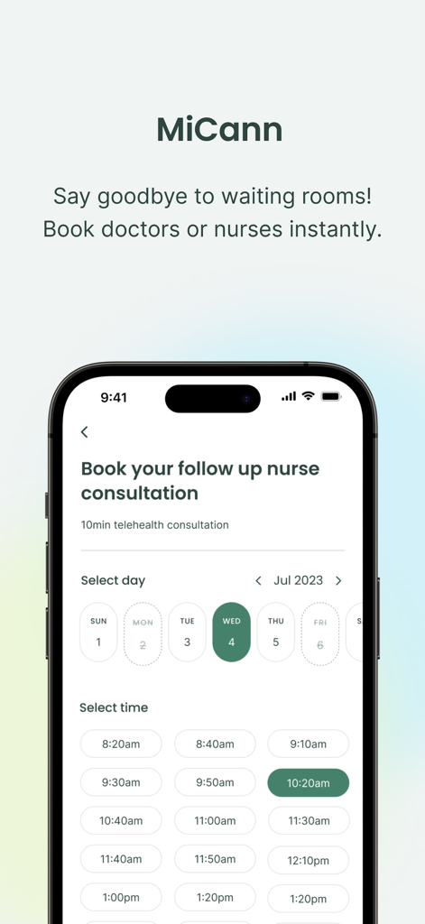 MiCann app interface for scheduling a telehealth nurse consultation with date and time selection