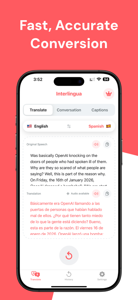 Live Translation: AI Translate - Interfaccia dello smartphone dell'app Live Translation che mostra una traduzione testuale dall'inglese allo spagnolo.
