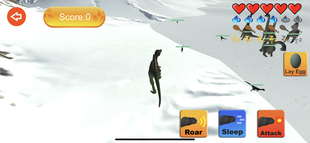 ゲームコントロールを備えた雪の環境の3D恐竜が表示された、恐竜シミュレーターのゲームプレイ画面。