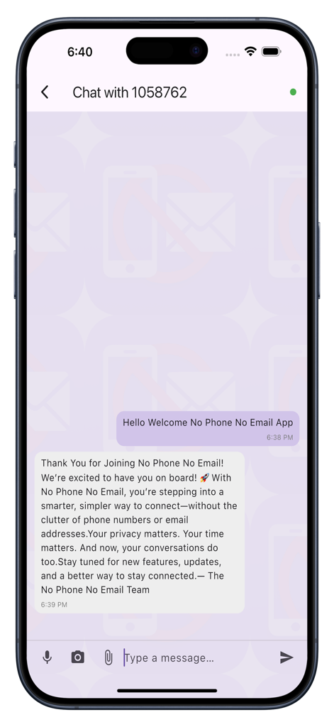 NoPhone NoEmail - Private chat interface of the NoPhone NoEmail app showing an encrypted conversation and a welcome message from the team