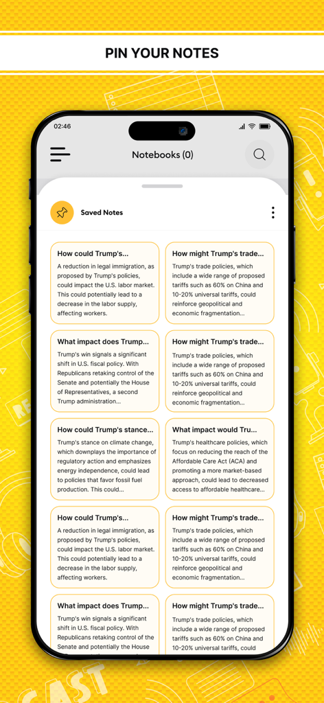 AI Notebook LM - PodifyGPT - Mobile interface of the PodifyGPT app showing a screen titled Saved Notes with various pinned AI-generated summaries.