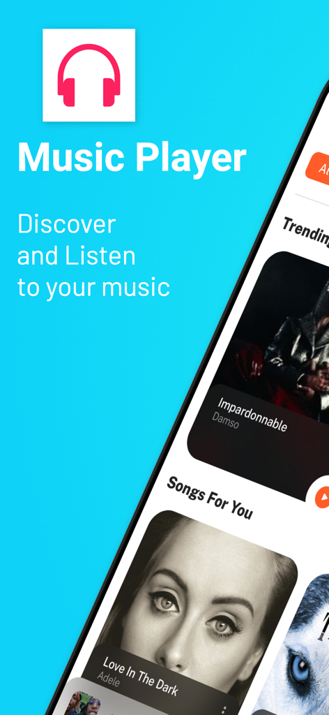 Music Offline Playerアプリは、トレンドチャートとパーソナライズされた曲のおすすめを表示しています