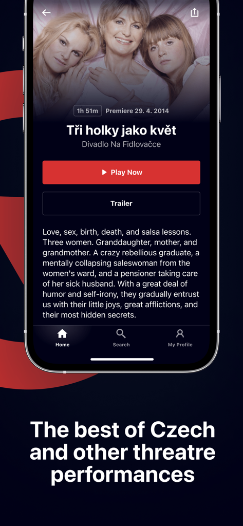 Dramoxアプリの詳細ページに、チェコ演劇公演が表示されており、今すぐ再生または予告編を視聴するオプションがある。