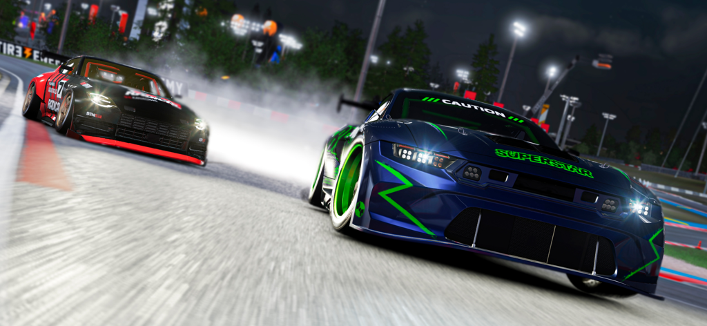 Two highly customized cars drifting on a race track at night.