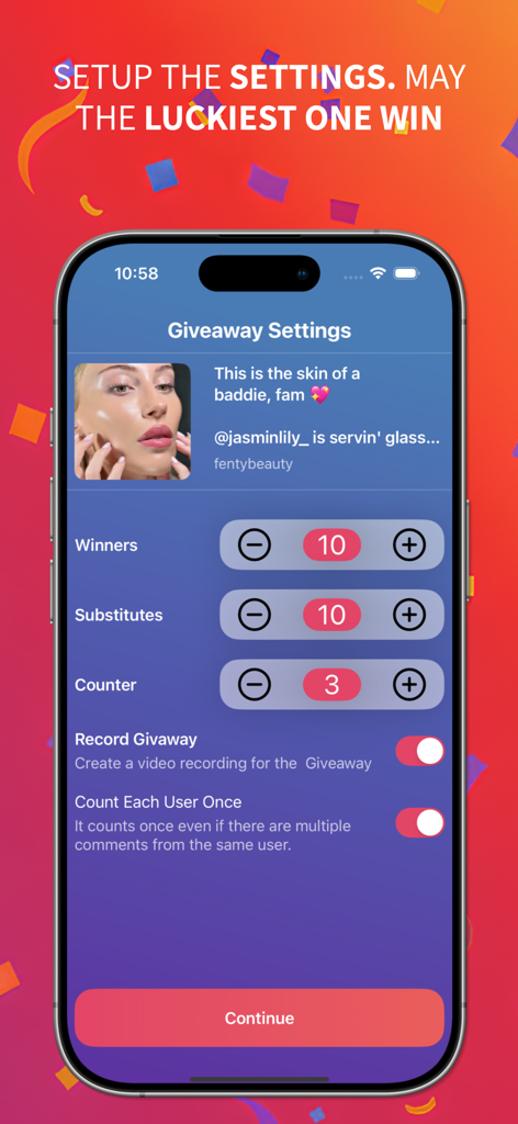 Giveaway Picker: Random Winner - Giveaway settings screen showing options for winners substitutes and screen recording
