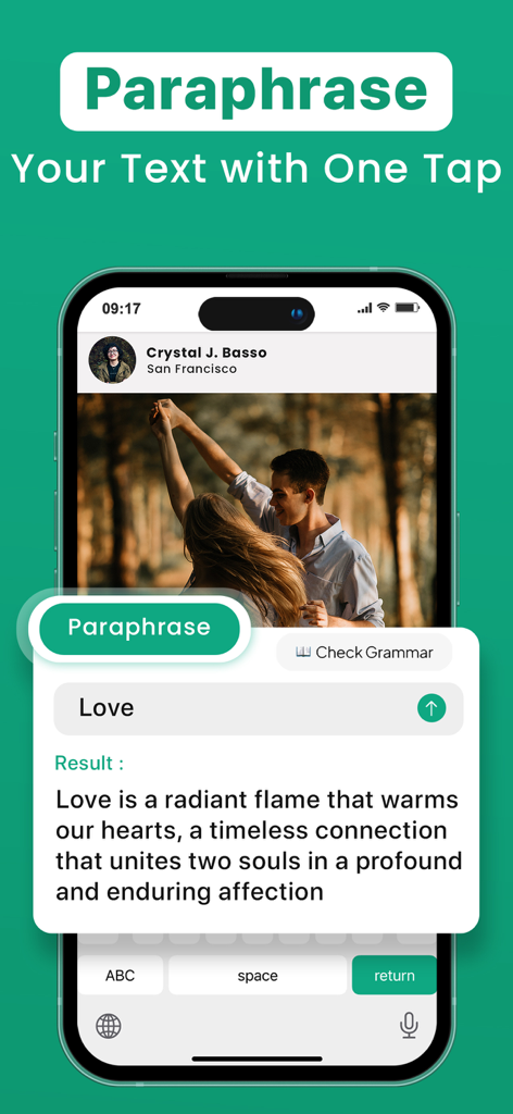 AI Keyboard - Grammar Check - A smartphone screen showing the AI Keyboard paraphrase tool rewriting a short word into a poetic sentence.