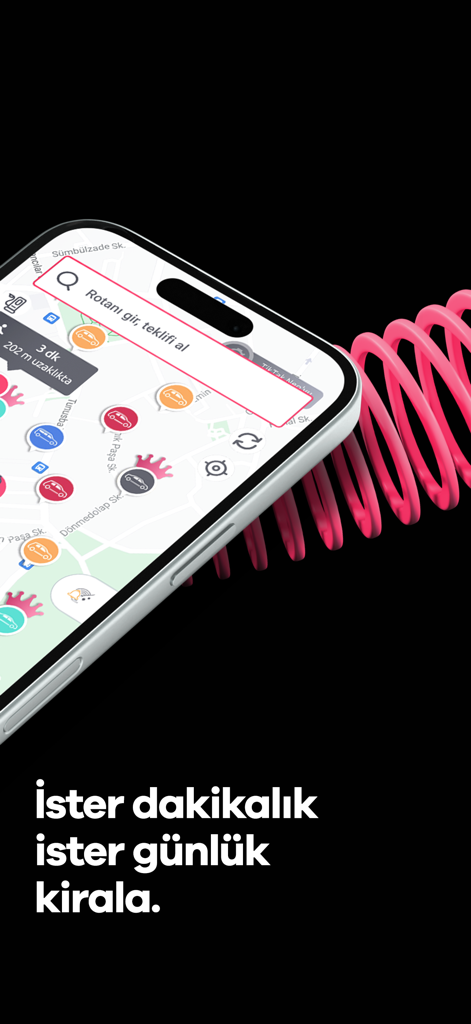 TikTak - Smartphone screen showing the TikTak app interface with a map of available cars and flexible rental options