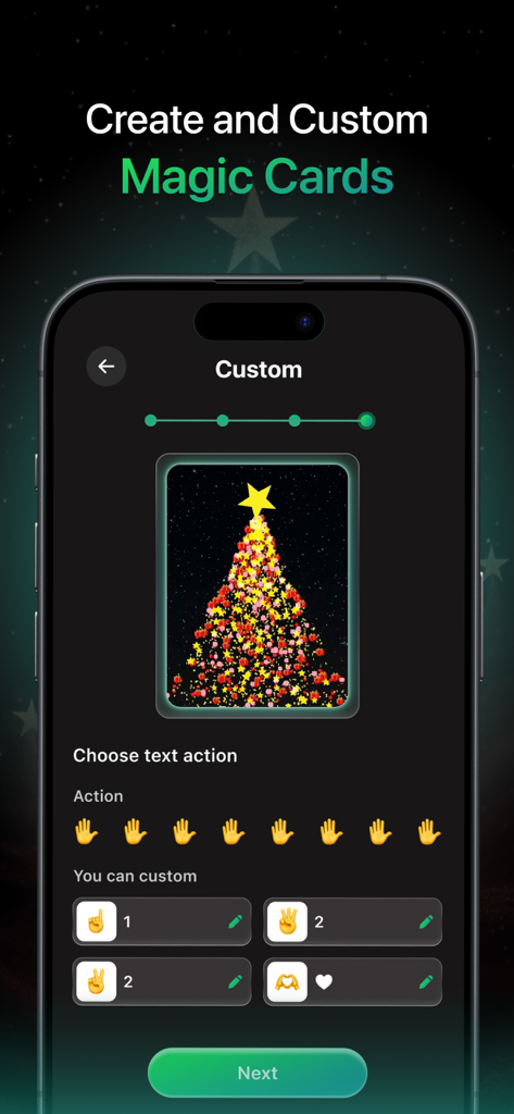 Hand Control: Hand Sign Master - UI screen showing the creation and customization of interactive magic cards using hand gestures