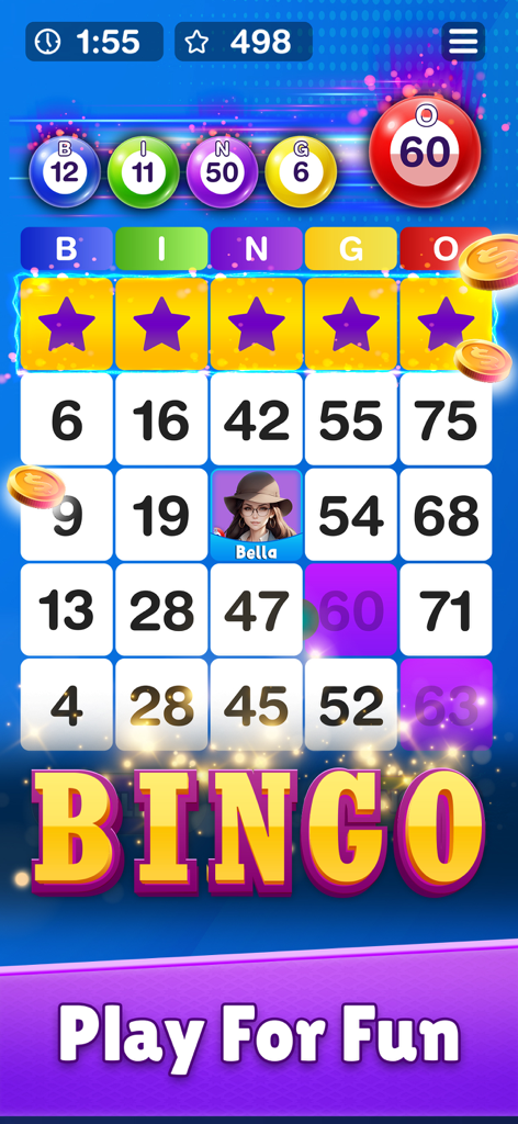 Bingo Win Real Money Play - Une capture d'écran du jeu Bingo Win Real Money Play montrant un carton de bingo avec des numéros et des pièces d'or qui tombent.