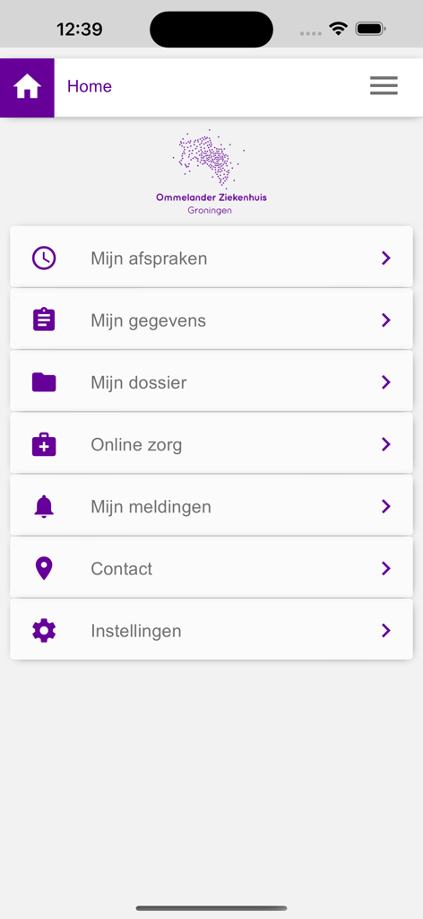 Home screen of the Mijn Ommelander app displaying the main navigation menu for medical data and appointments.