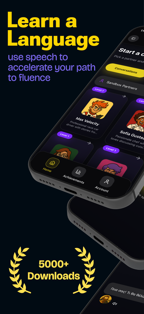 Bragi - Language Learning - Interfaz de la aplicación de aprendizaje de idiomas Bragi que muestra compañeros de conversación de IA y entrenamiento de fluidez basado en voz