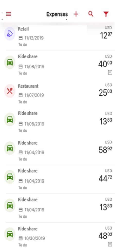 WellsOne Expense Manager - A list of recent business expenses in the WellsOne Expense Manager app including ride shares and retail purchases