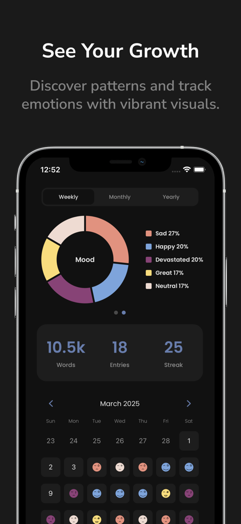 기분 통계와 월별 감정 성장 캘린더를 표시하는 Verbo 비디오 일기 인터페이스
