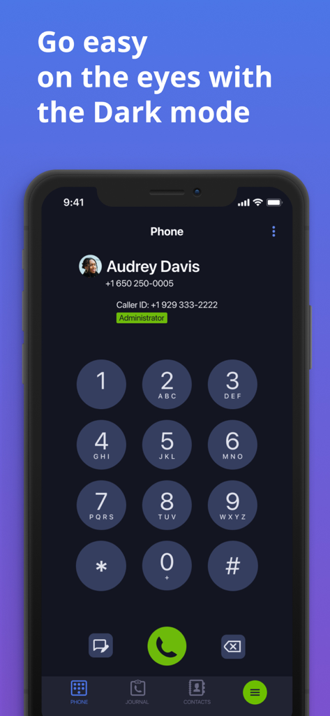 MightyCall Classic mobile app dialer interface in dark mode showing a numeric keypad and administrator profile