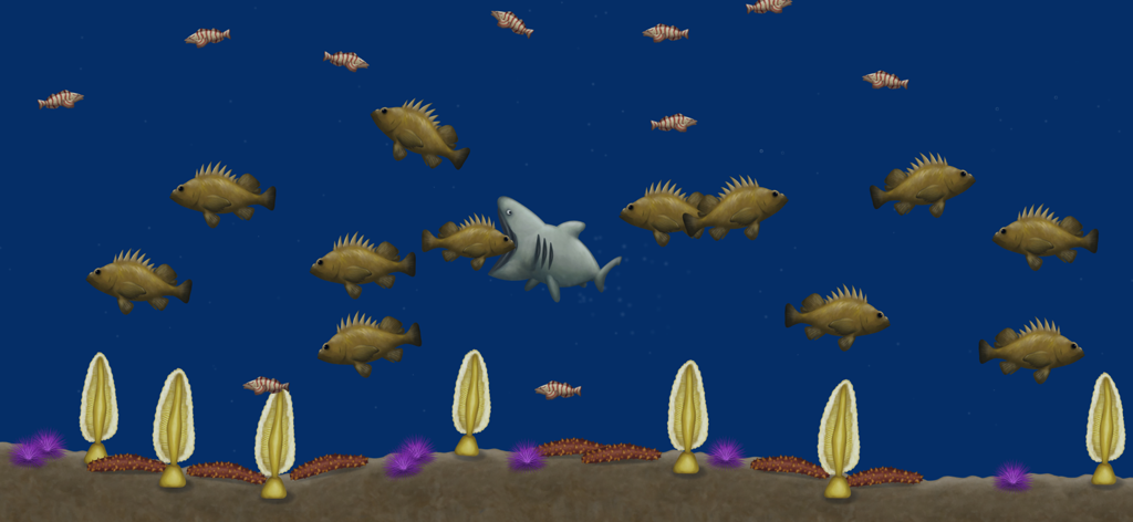 Un personaggio squalo balena che mangia pesci nel livello dell'Oceano Pacifico sottomarino