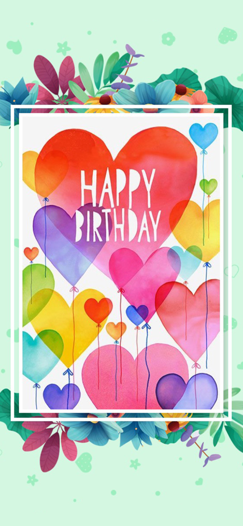 Um e-card colorido de Feliz Aniversário com balões vibrantes em forma de coração em design aquarelado.