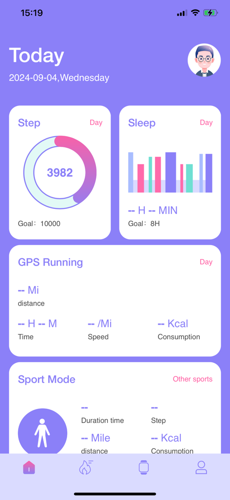TechWear - TechWear mobile app dashboard showing daily step count and sleep tracking stats
