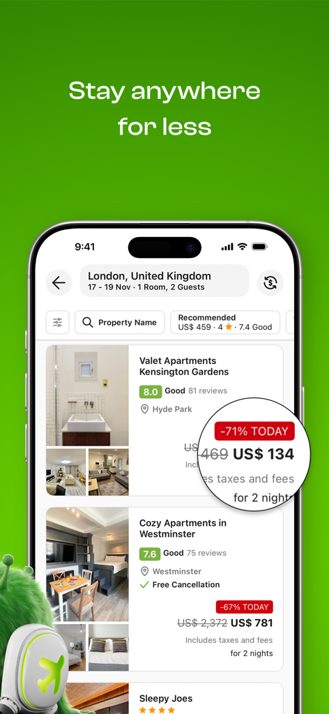 Wego Flights & Hotels Booking - Tela de smartphone exibindo o aplicativo Wego com resultados de pesquisa de hotéis com desconto em Londres, incluindo comparações de preços