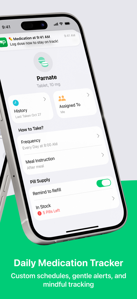 Pill Reminder for Family - Exibição de iPhone mostrando detalhes do medicamento, cronograma e suprimento de pílulas no aplicativo Pill Plan.