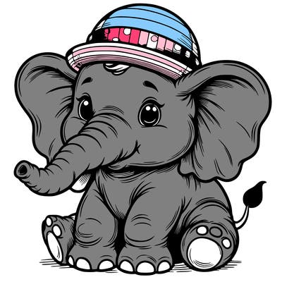 a baby elephant with huge heats and a little hat realistic