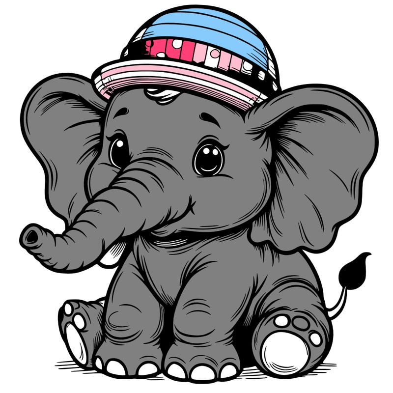 a baby elephant with huge heats and a little hat realistic