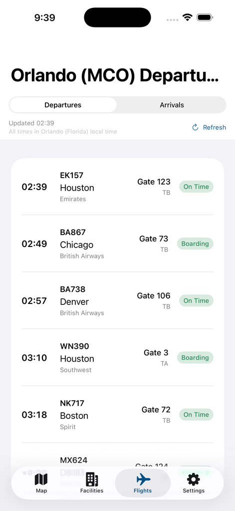Orlando MCO Airport - Tela de partidas de voos em tempo real para o Aeroporto Internacional de Orlando mostrando destinos e informações de portão