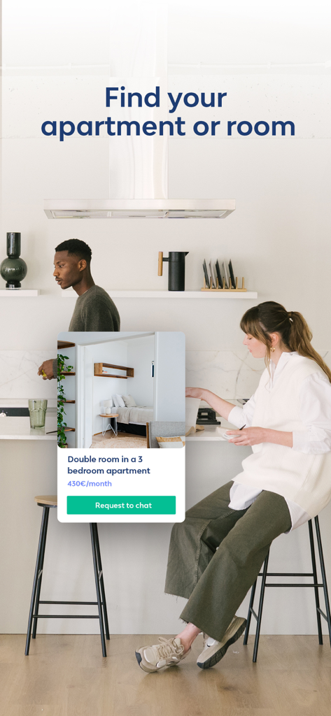 Badi app interface showing a room listing with a request to chat button and people in a modern kitchen
