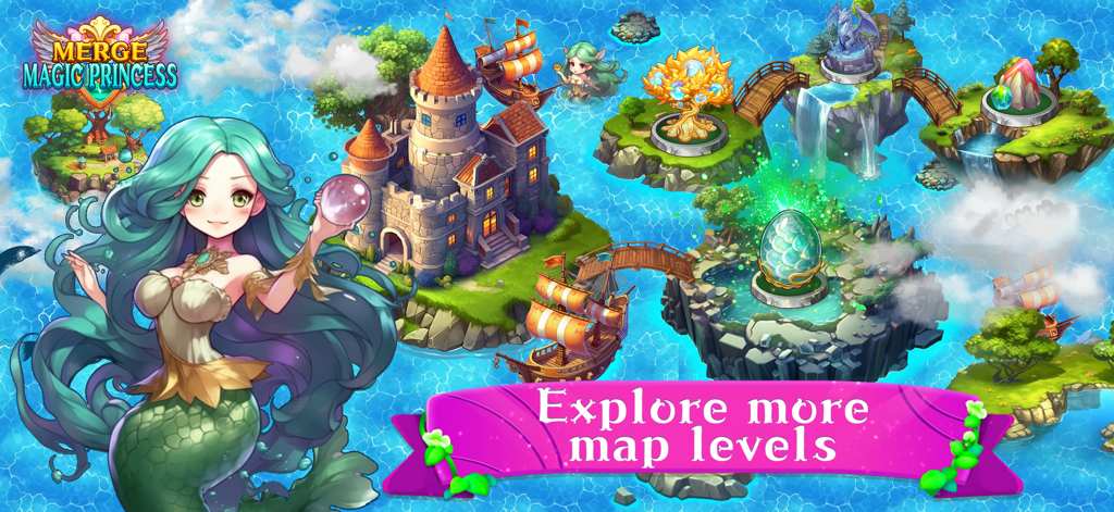 Mermaid character standing before a magical landscape of floating islands and castles