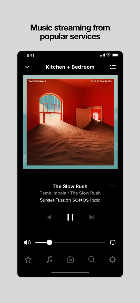 Sonos S1 Controller app showing music playback and multi room control