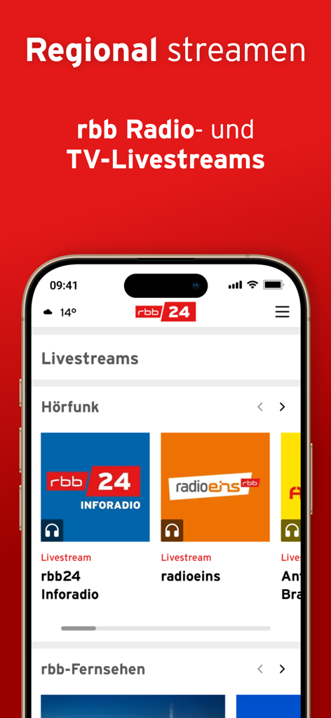 rbb24 – regionale Nachrichten - rbb24 mobile app interface showing options for regional radio and television livestreams