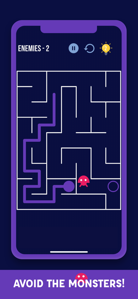 Mazes & More: Classic Maze - A retro 2D maze puzzle on a mobile screen featuring a red monster enemy.