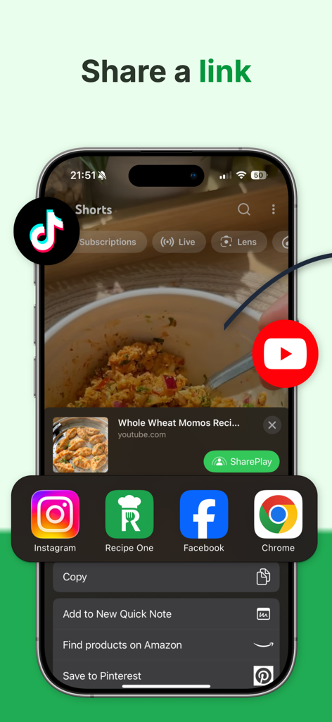 iPhone showing a YouTube Shorts recipe being shared to the Recipe One app via the system share sheet.