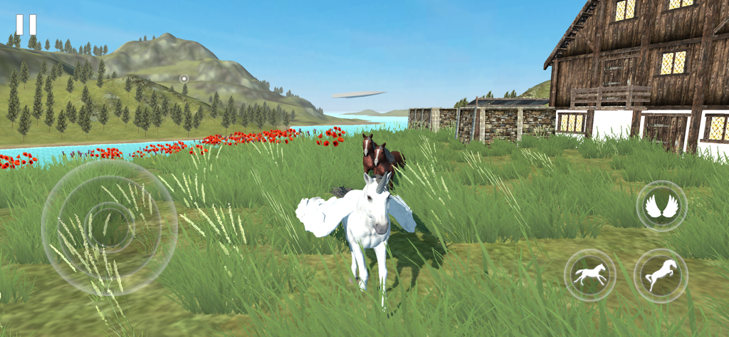 Flying Unicorn Simulator 2024 - A white unicorn with wings standing in a grassy field next to a large wooden house.