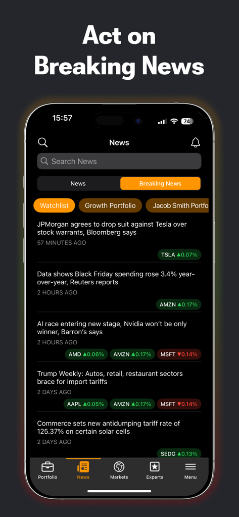 TipRanks mobile app screen showing real time breaking stock market news and headlines