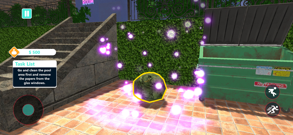 Water Park Supervisor Sim Game - Captura de pantalla de la jugabilidad del Juego Sim de Gerente de Parque Acuático que muestra una tarea de limpieza con una bolsa de basura brillante y un gran contenedor.