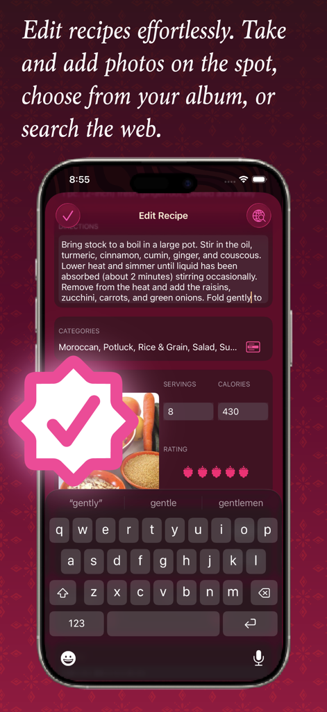 Pantalla de iPhone que muestra la interfaz de edición de recetas en la aplicación The Recipe Box To Go con instrucciones y datos nutricionales.