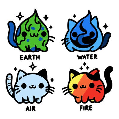 4 cats that represent the different elements, earth, water, air, and fire