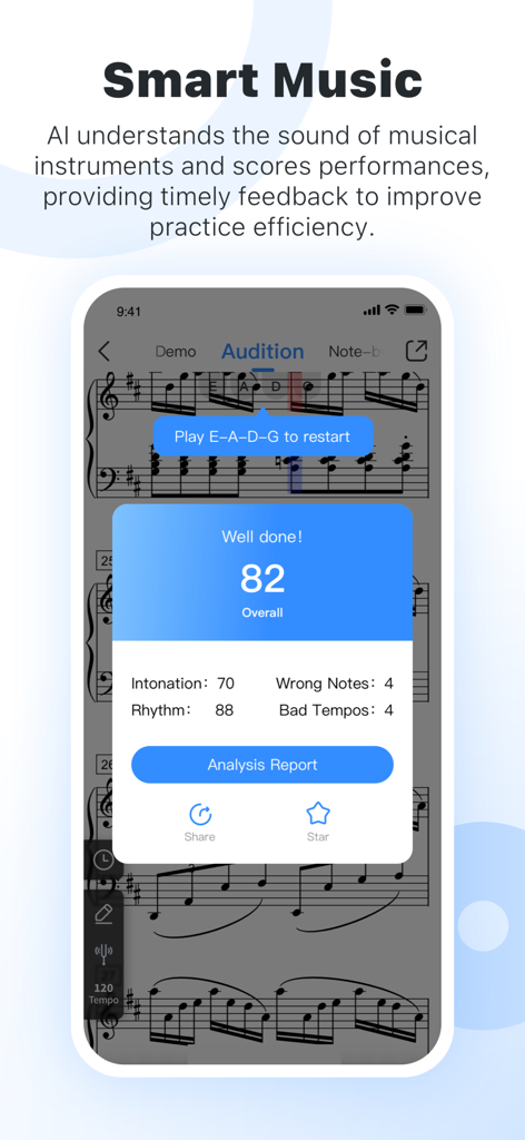 Violy app interface showing AI performance analysis with scores for intonation and rhythm over sheet music.