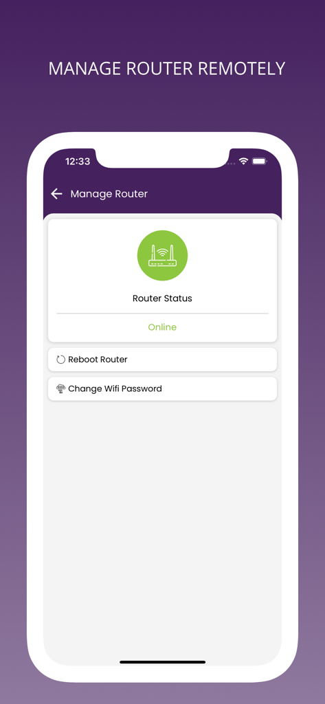 VGG Connect: Fibre Internet - Pantalla de la aplicación VGG Connect para la gestión remota del router con opciones de reinicio del estado del router y cambio de contraseña wifi