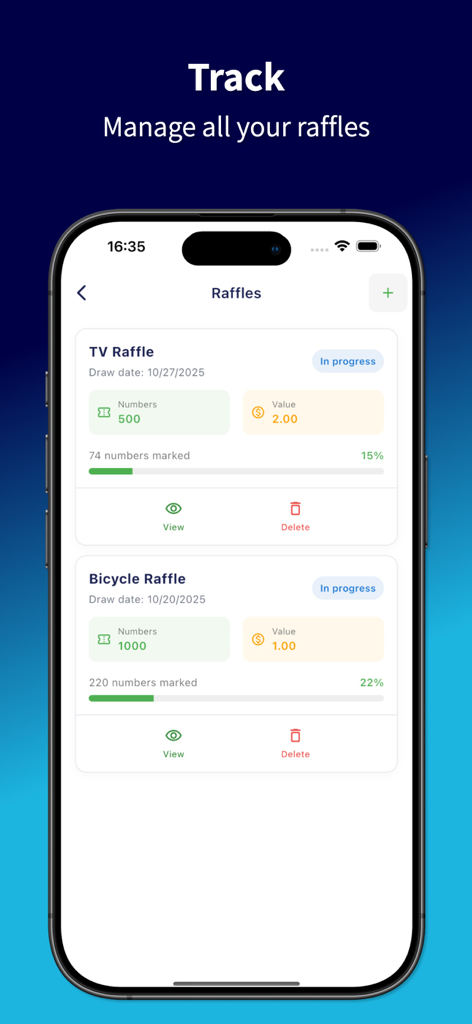 Easy Raffle: Names and Numbers - Dashboard of the Easy Raffle app showing a list of active raffles with progress bars and draw dates