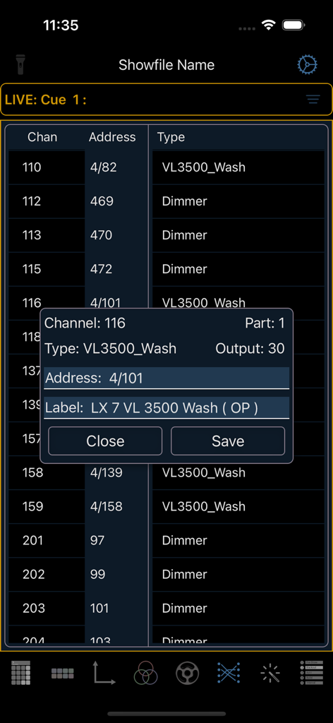 Screenshot of the Eos Remote app showing a fixture patch list and a channel details edit window