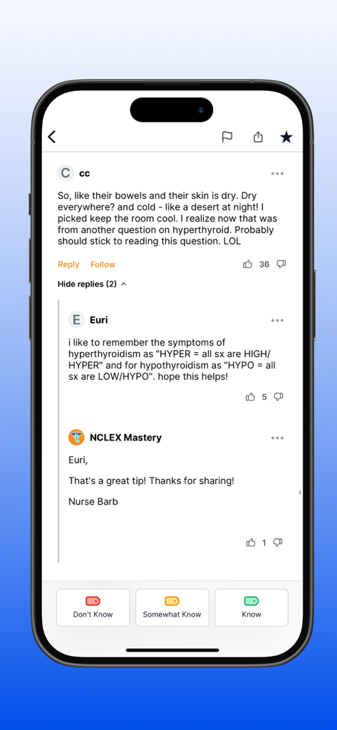 NCLEX PN Mastery Prep - 2026 - Uma tela de celular mostrando uma discussão comunitária e feedback de enfermeiros especialistas dentro do aplicativo NCLEX PN Mastery Prep.