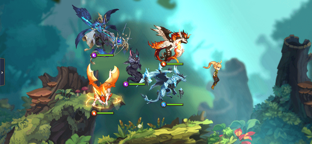 Un groupe de dragons stylisés colorés et un dresseur humain dans un décor de forêt fantastique