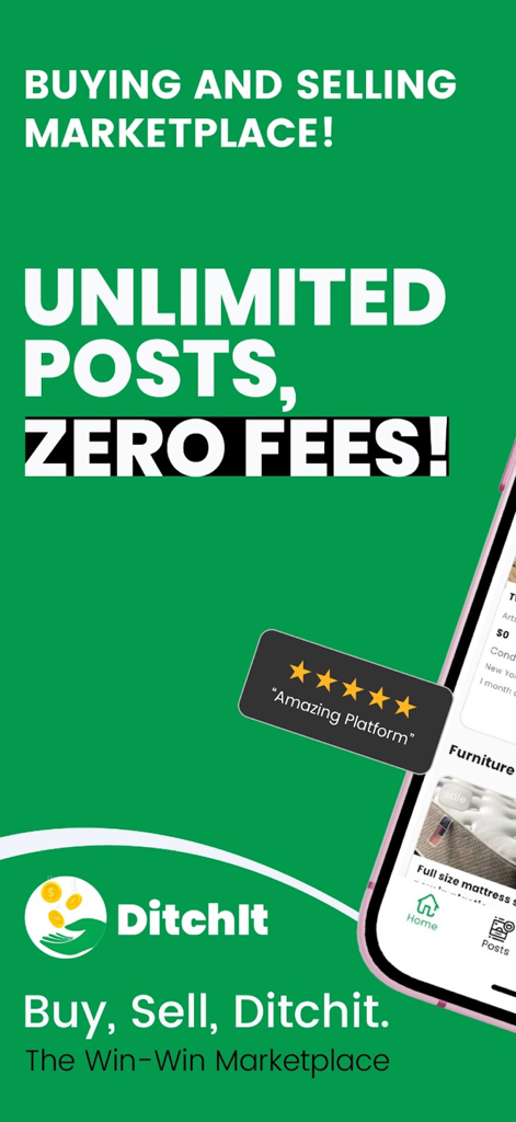 DitchIt mobile app promotional graphic showing zero fees and unlimited posts for local buying and selling